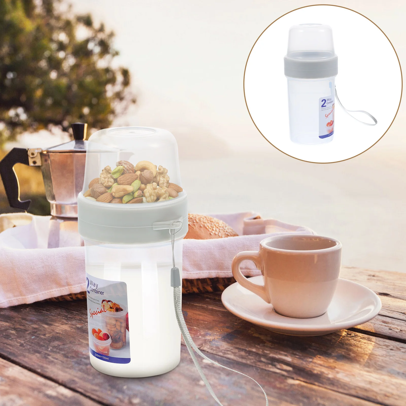 

Double Layer Portable Breakfast Cup Fruit Oatmeal Storage Container with Lanyard Fresh Keeping Food Storage Box for Work Sports