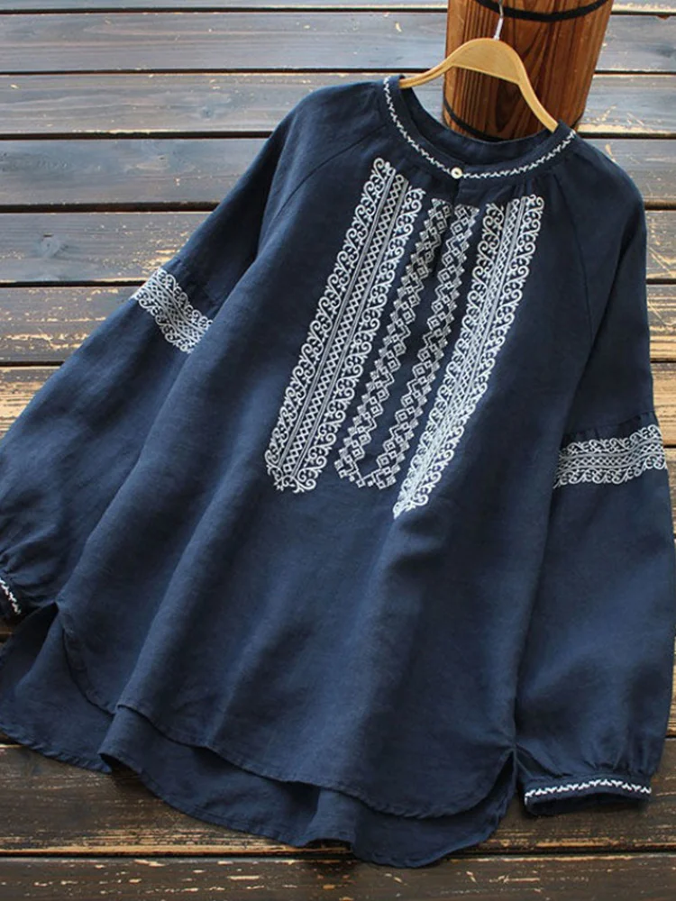 

Элегантная женская рубашка из хлопка и льна с вышивкой, с длинным рукавом, в винтажном стиле, с круглым вырезом, пуловер, в этническом стиле, летняя мода