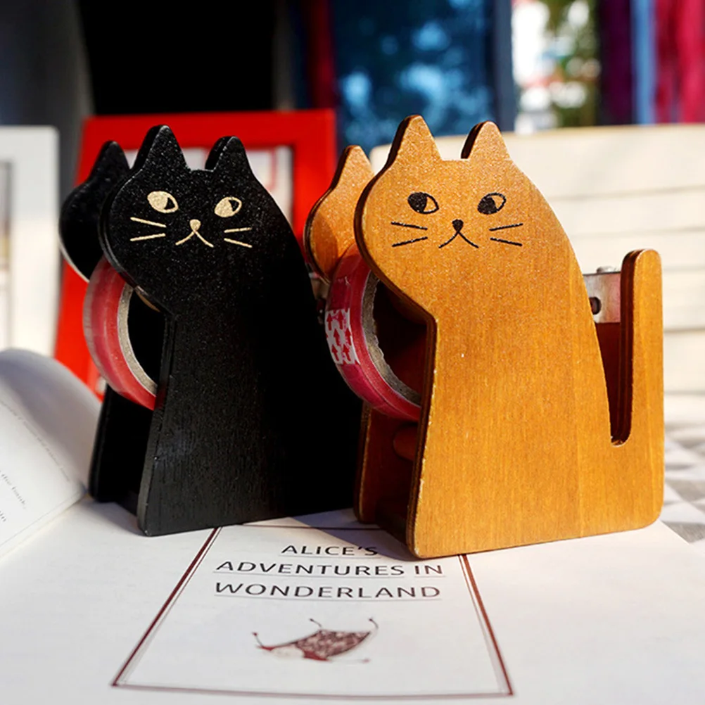 2 Pcs Multifunction Tape Holder Office Cute Wood Cat Accessories for Indoor Cats