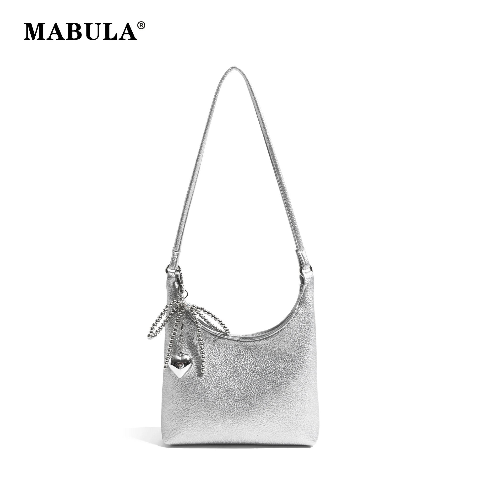 

MABULA PU Leather Underarm Shoulder Pouch Heart Pendan Silver Women's Fashion Cell Phone Purse Simple Casual Ladies Commuter Bag