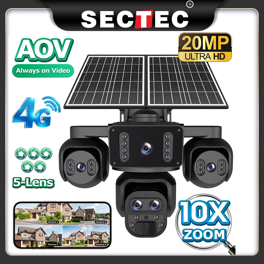 SECTEC AOV 7/24 10X ZOOM Camara Solar 20MP 4G SIM 5 Lens 4 Screens Security Protection 360° Auto Tracking Home Surveillance