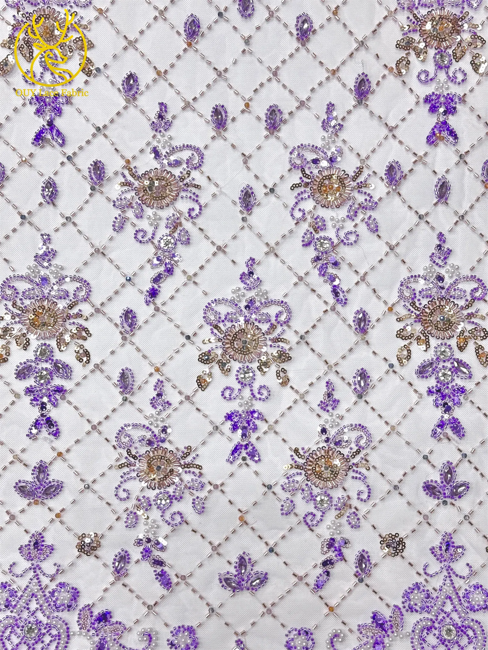Lila afrikanischer Edelstein-Perlen-Spitzenstoff 2026 Luxuriöser französischer Pailletten-Spitzenstoff für Damen Brautkleid Hochzeitskleid Nähen 5 Yards – Detail 8