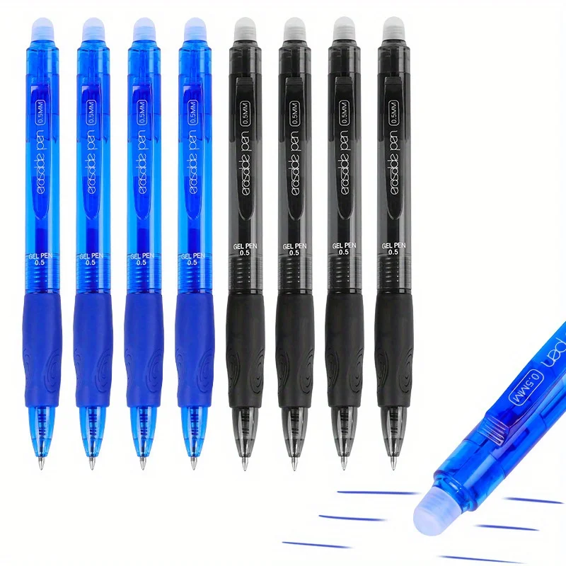 

8pcs Erasable Retractable Gel Pens 0.5mm- Black& Blue ink, Quick-Drying, Comfort Grip Writing Pen for School, Office