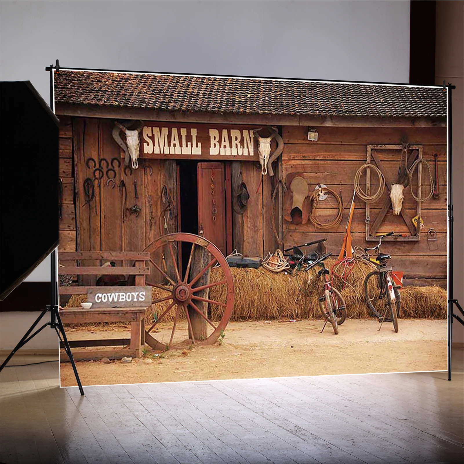 MOON.QG 秋の装飾 素朴なカウボーイの背景 乾草の山 丸太小屋 納屋 写真背景 子供の誕生日 壁 フォトブース パーティー