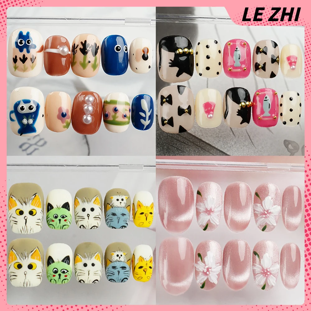 10Pcs High Quality Cartoon Cute Cat Eye Short Square Press On Nails Glitter Gilding Diamond High-End Reusable False Nails