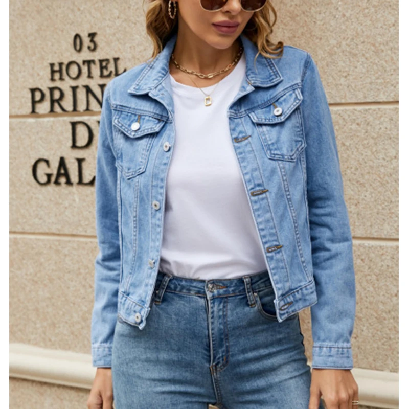 Moda donna Slim Fit Polo collo Denim cappotto solido risvolto tasca bottone manica lunga giacca di jeans Streetwear Mujer top