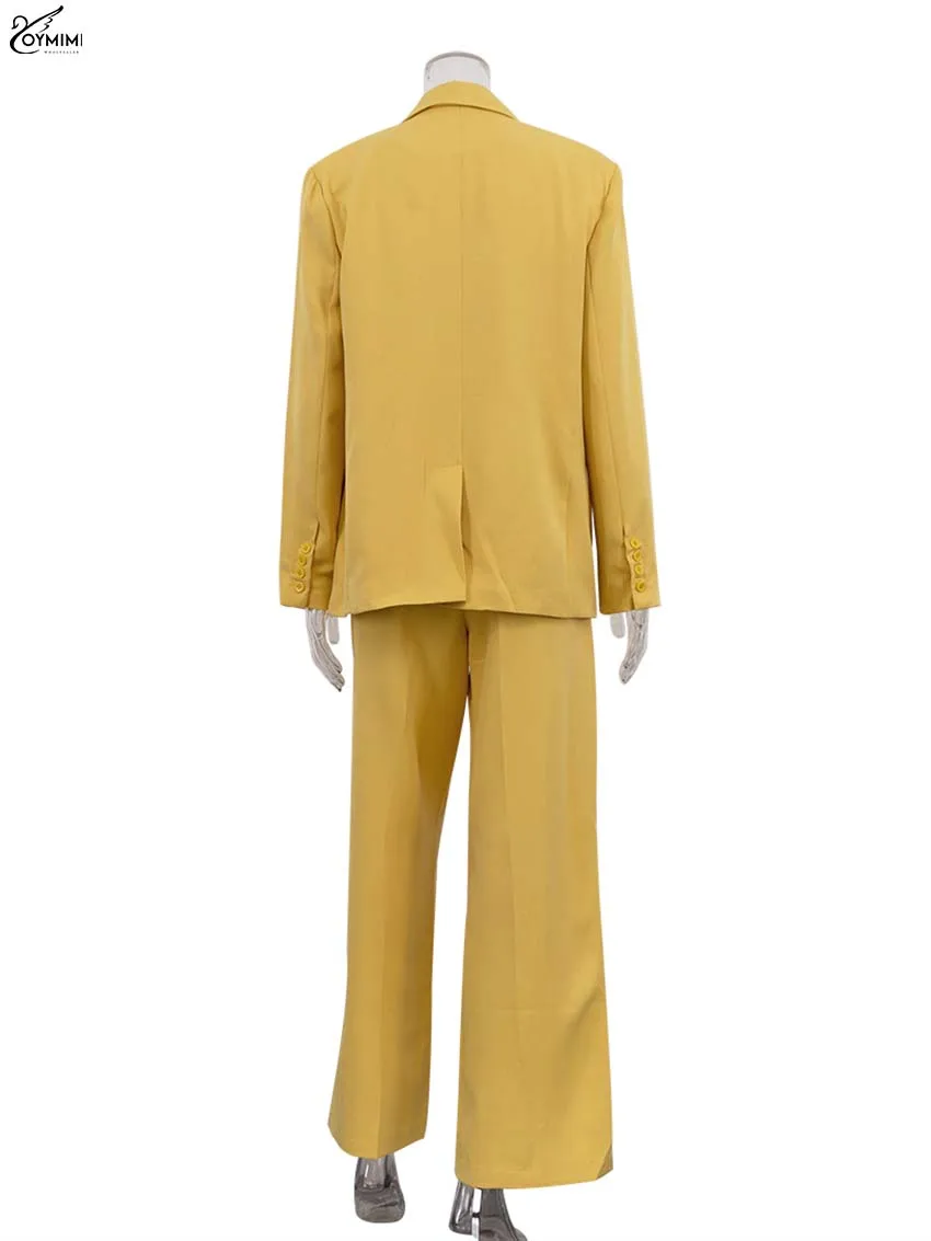 Oymimi Elegant Yellow Sets Womens 2 Piece Fashion Long Sleeve Pockets Single Button Blazers And Simple Straight Trousers Sets