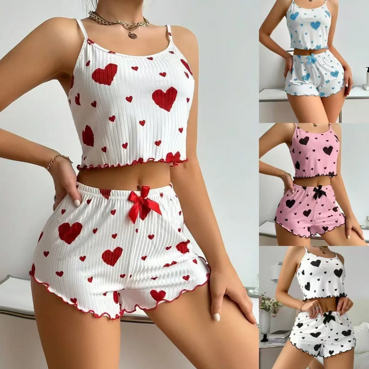 Summer New Women's Pajama Fashion Set Cross border Foreign Trade Design Sense Strawberry Print Sweet Strap Shorts Bow Girl