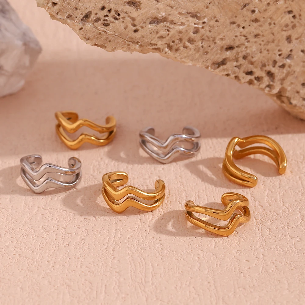 Minimalist Double Layer Wave Ear Clip Waterproof Silver Color 316L Stainless Steel Fake Piercing Gift 18K Gold Plated Jewelry image 5