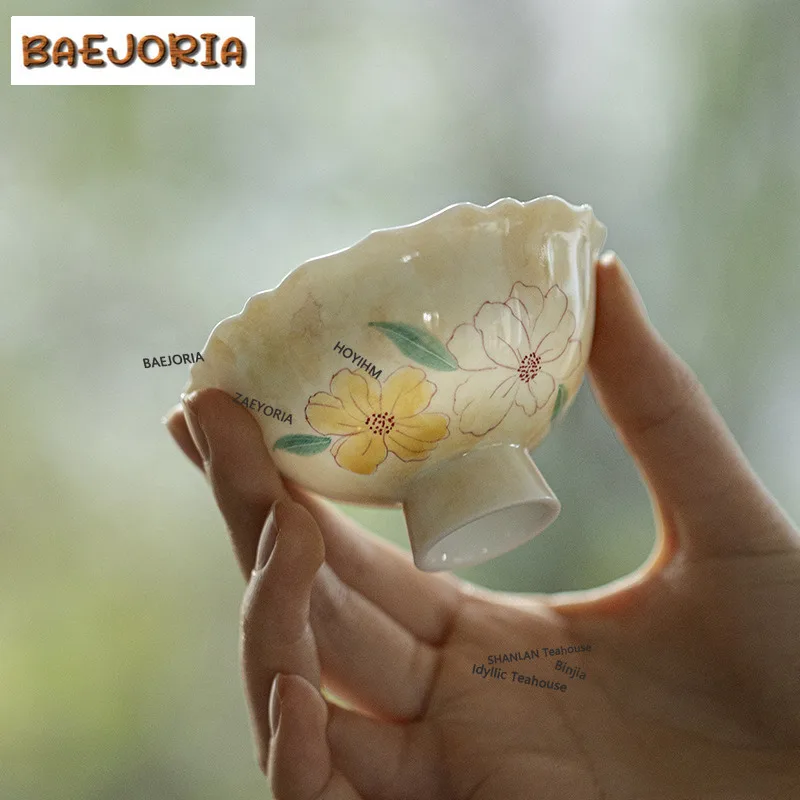 BAEJORIA 70ml Hand Painting Yellow Flower High Footed Teacup Ancient Tea Bowl Sample Tea Cup Meditation Cup Jianzhan Master Cups