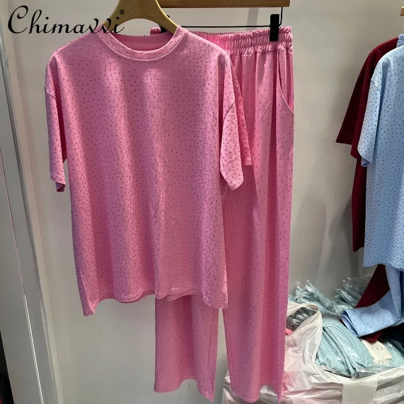 

2026 Spring and Summer New Heavy Fashion Round-Neck Short-Sleeve T-Shirt Casual Long Pants Two-Piece Streetwear Women's Set