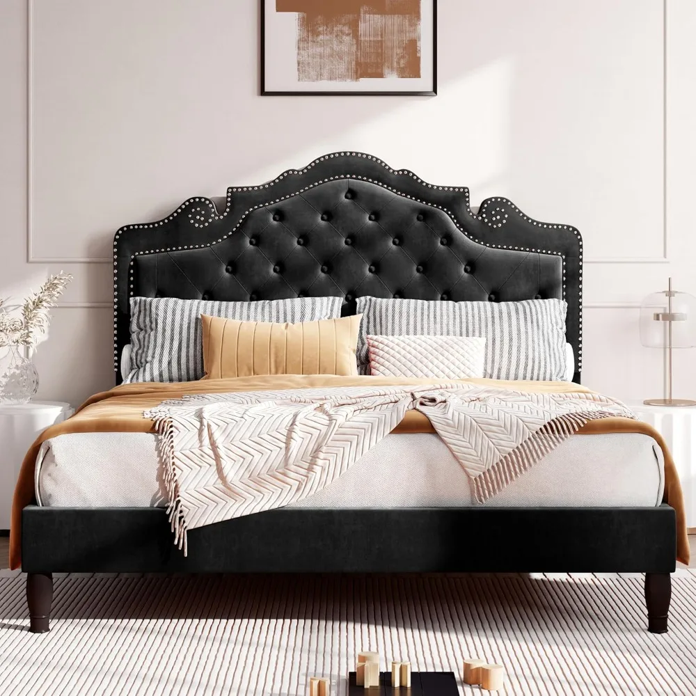 

HOOMIC Full Size Bed Frame with Adjustable Velvet Tiara Headboard, Upholstered Diamond Button Tufted Platform Bed, Wood Slats Su