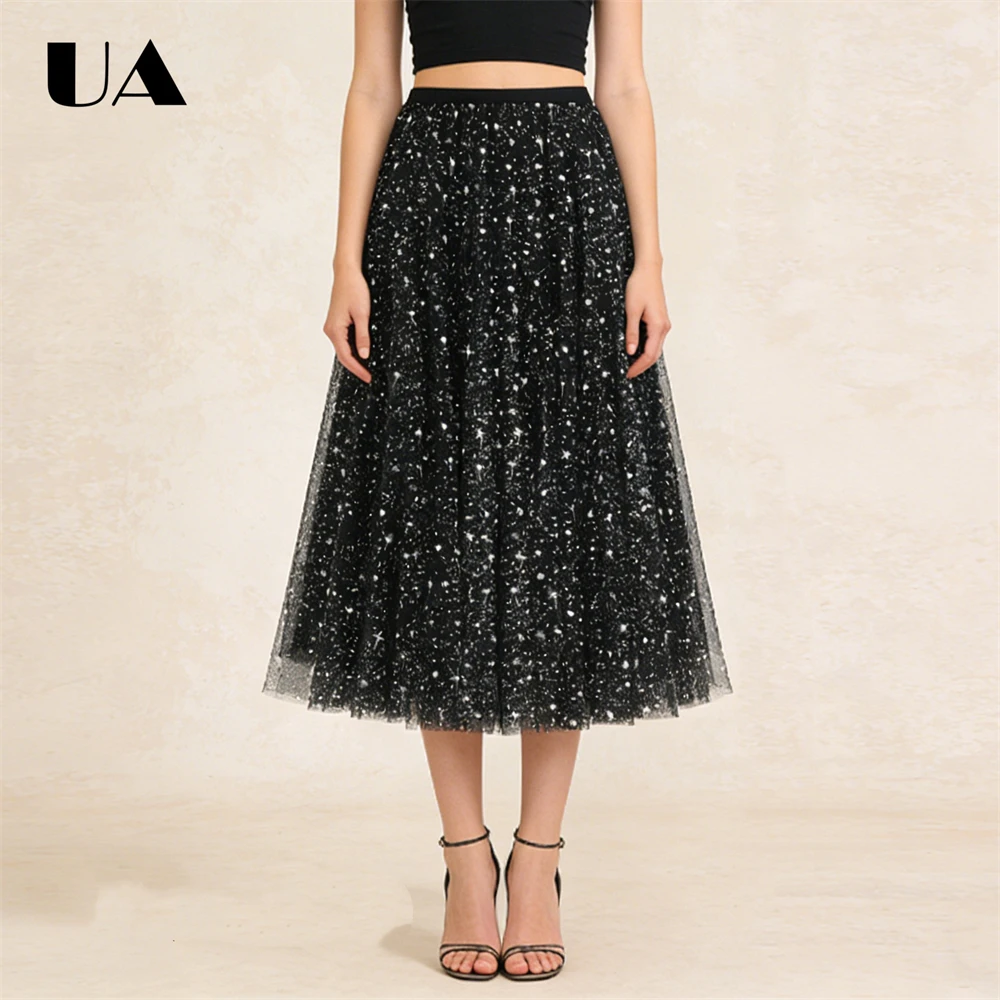ULBYANRY Starry Sky Skirt Women's Autumn Winter A Line Skirts, Elastic Waist Puffy Skirts Sparkling Mesh Skirts