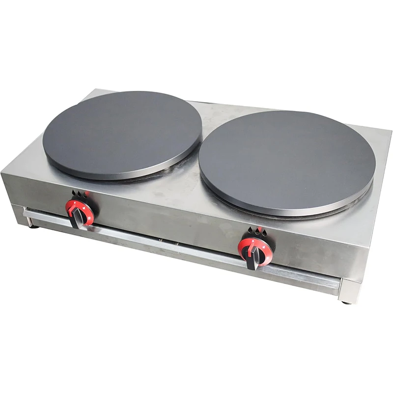 صانع الفطائر التجارية LP صانع كريب الغاز مزدوج الرأس آلة فطيرة 40 سنتيمتر آلة صينية اللوحة مع صمام الضغط المنخفض