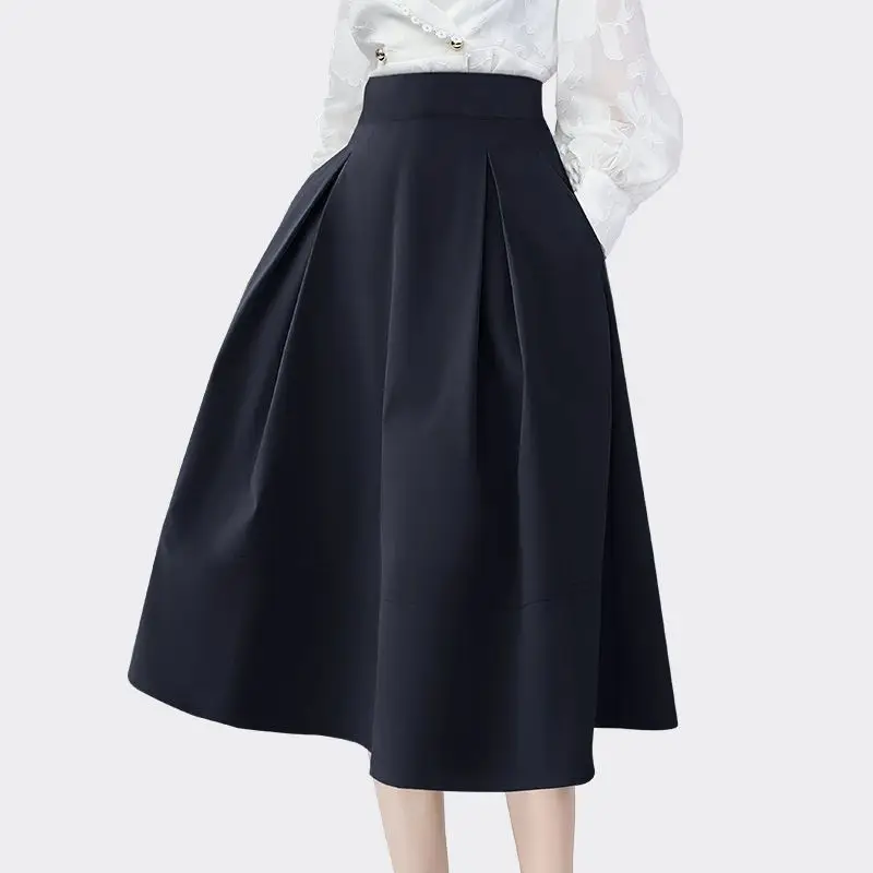 

2024 Women Spring Autumn New French High Waist Long Skirt Female Solid Color Loose Ladies Fashion Pockets Pleated Skirts O744