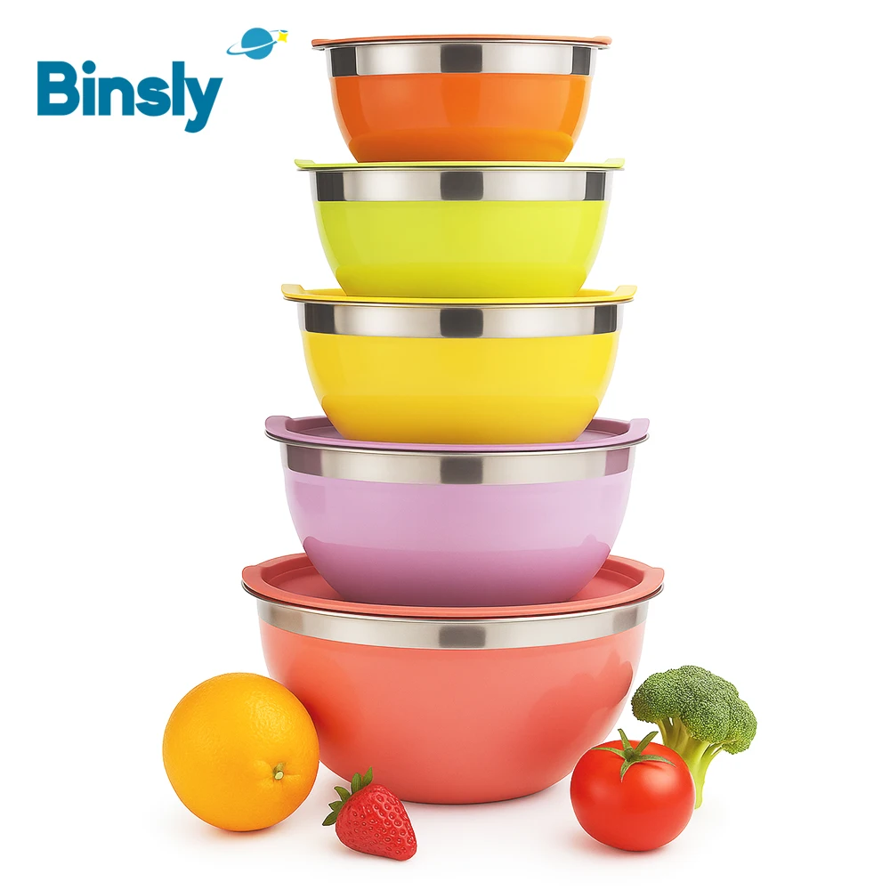 

Colorful Stainless Steel 5pcs Mixing Bowl Set Multifunctional Food Container With Lid Multicolor Salad Bowls With Airtight Lids