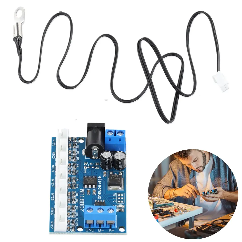 RS485 NTC Thermistor Temperature Sensor Module DC 12V 7-Channel Modbus RTU Remote Acquisition Monitor Module B3950 10K 1%