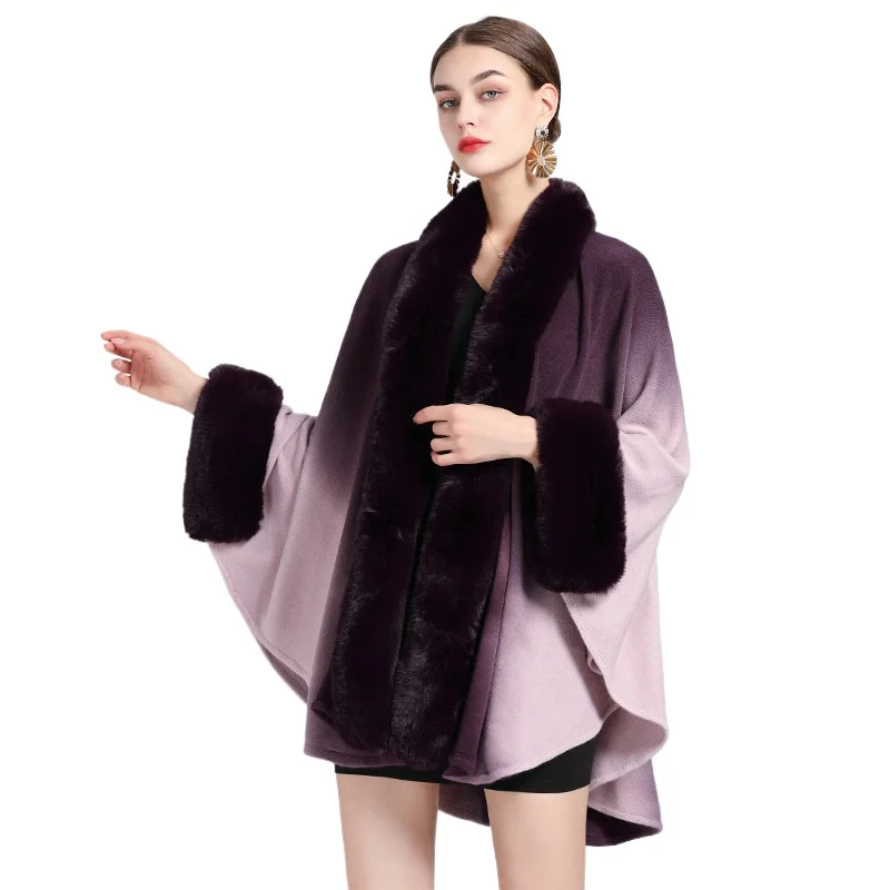 

European New Style Imitation Rabbit Fur Collar Tie-dye Shawl Cape Dress Women Large Size Knitted Cardigan Loose Jacket Ponchos