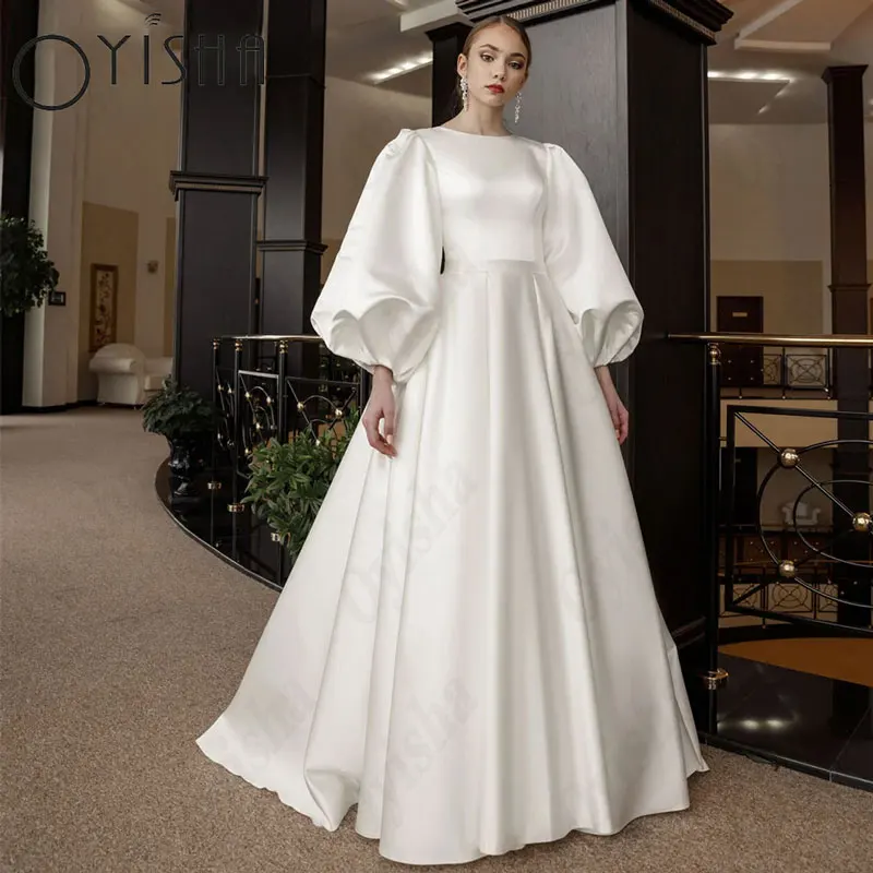 

OYISHA O-Neck A-Line Muslim Wedding Dresses Simple Satin Lantern Sleeves Exquisite Bridal Gowns Sexy Classic Vestido De Mariages