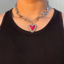 Grunge Aesthetic Red Heart Charm Key Buckle Chain Choker For Women Men Y2K  Punk Fashion Short Necklace Grunge Jewelry