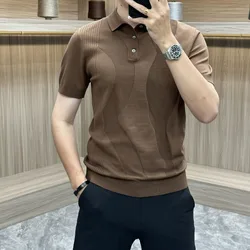 High Quality Luxurious Smart Casual Minimalist Personalized Lapel Short Sleeved T-shirt Men's Solid Button Elastic Knitted Top