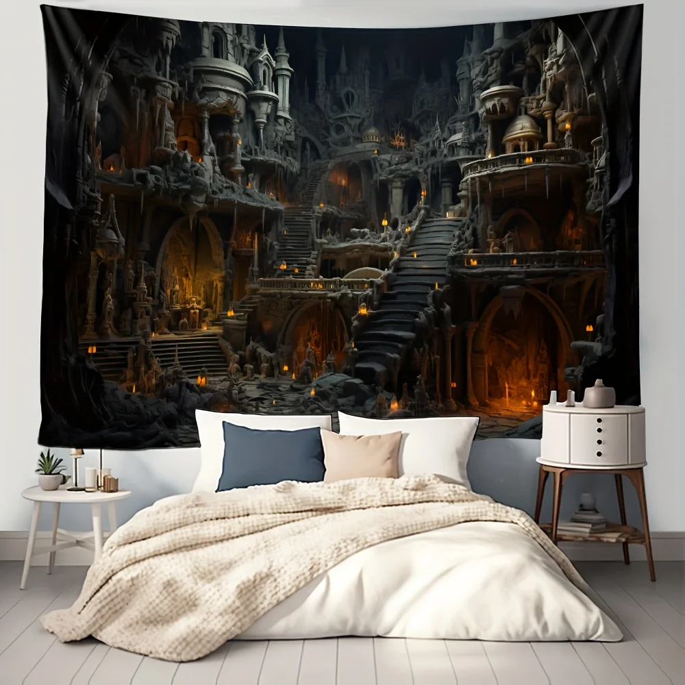 Classical Gothic Castle Tapestry - Halloween Horror Theme Wall Hanging, Vampire Castle Interior Decoration