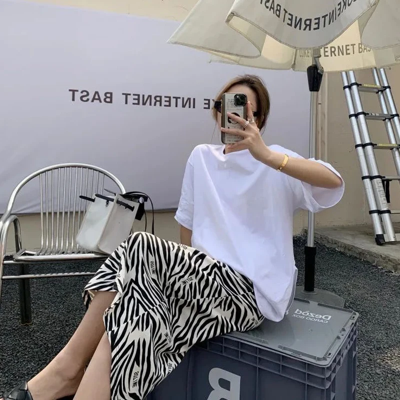تنورة ميدي نسائية فضفاضة غير رسمية بخصر مرتفع بطبعة حمار وحشي، مقاس كبير 300 رطل، مناسبة للربيع والصيف، تنورة نصفية بخطوة واحدة