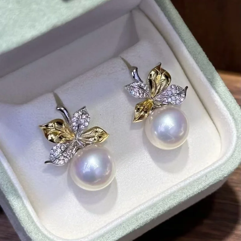 

SGARIT Natural Fresh Water Gold Silver Leaf Pearl Earrings S925 Sterling Silver Earrings Women's Exquisite Gift
