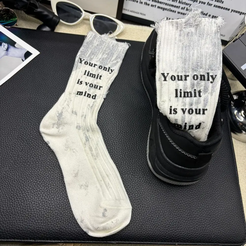 Fashion Ripped Hollow Socks Womne Letter Personality Mid-Calf Socks Streetwear Stripe Painted Cotton Socks Autumn