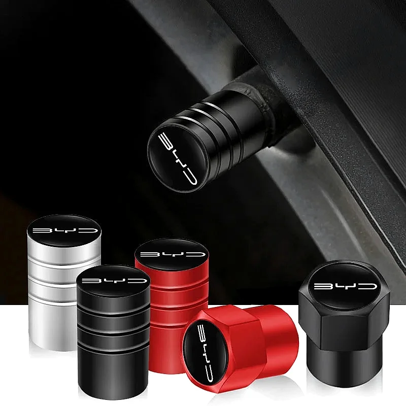 BYD Logo 4Pcs Anti‑Dust Aluminum Valve Stem Cover Caps For Atto 3 Seal Dolphin Han Tang Song Yuan Waterproof Wheel Hub Exterior