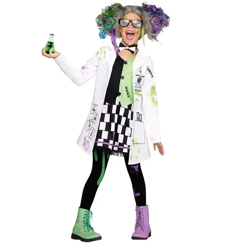 2024 Unisex Boy Raving Mad Scientist Costume Girl Kid Crazy Scientist Halloween Purim Cosplay