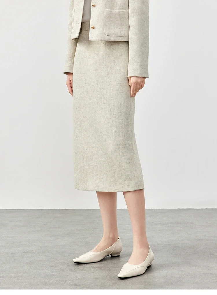 

SENTUBILA Tweed Straight Skirts For Women 2025 Spring Fall AApricot Linen Blend Slit-hem Commute Elegant Simple Skirt 151Q58662