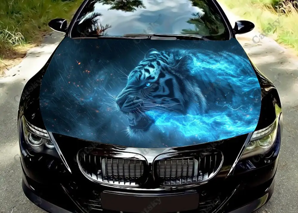 

Blue Tiger Art Car Hood Vinyl Stickers Wrap Vinyl Film Engine Cover Decals Sticker Universal Car Hood Protective Film