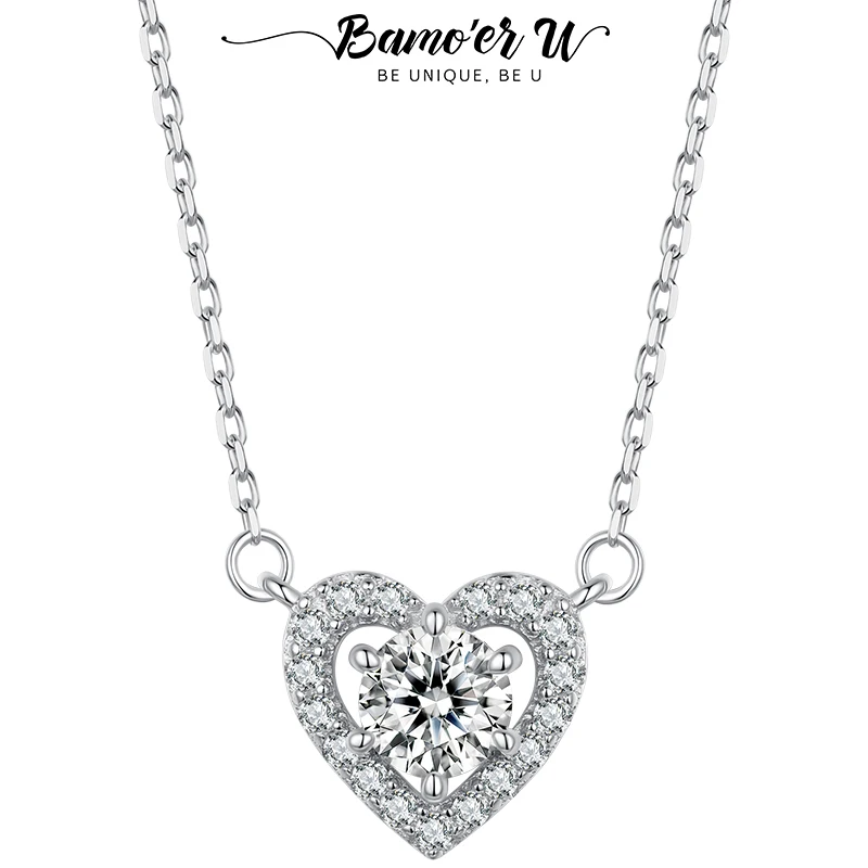 Bamoer U 0.5CT Moissanite Necklace Heart Diamond Pendant Adjustable Choker for Women 925 Sterling Silver Wedding Lover Gift