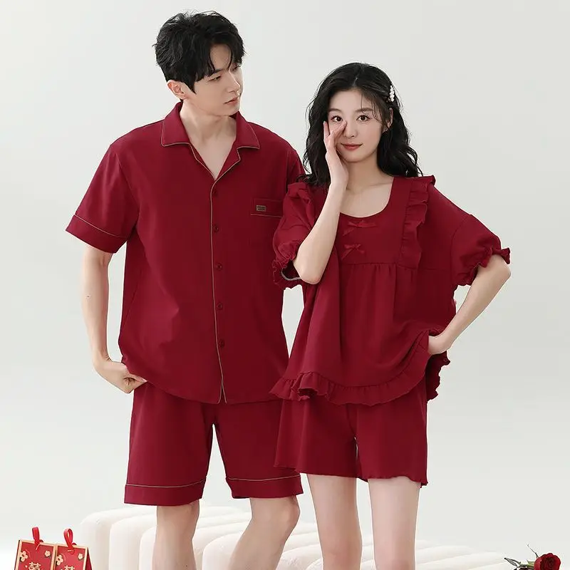 Pajamas new couple pajamas summer newlywed wedding red men and women cotton festive home wear pajamas set