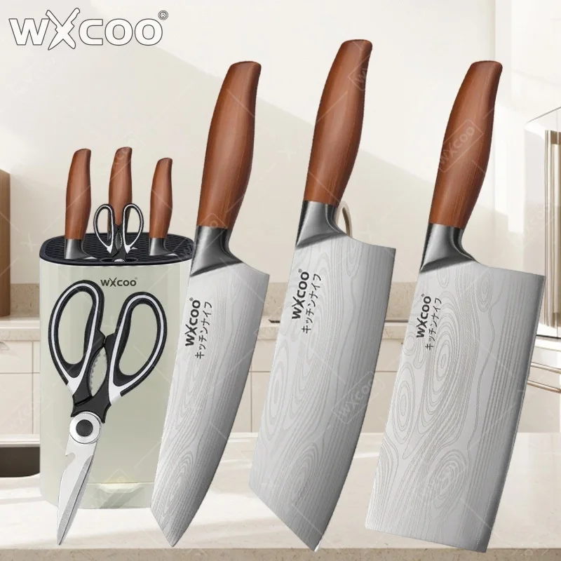 WXCOO Stainless Steel Chef Knife Kitchen Household Cleaver Fruit Knife Slicing Scissors Holder Laser Damascus Pattern