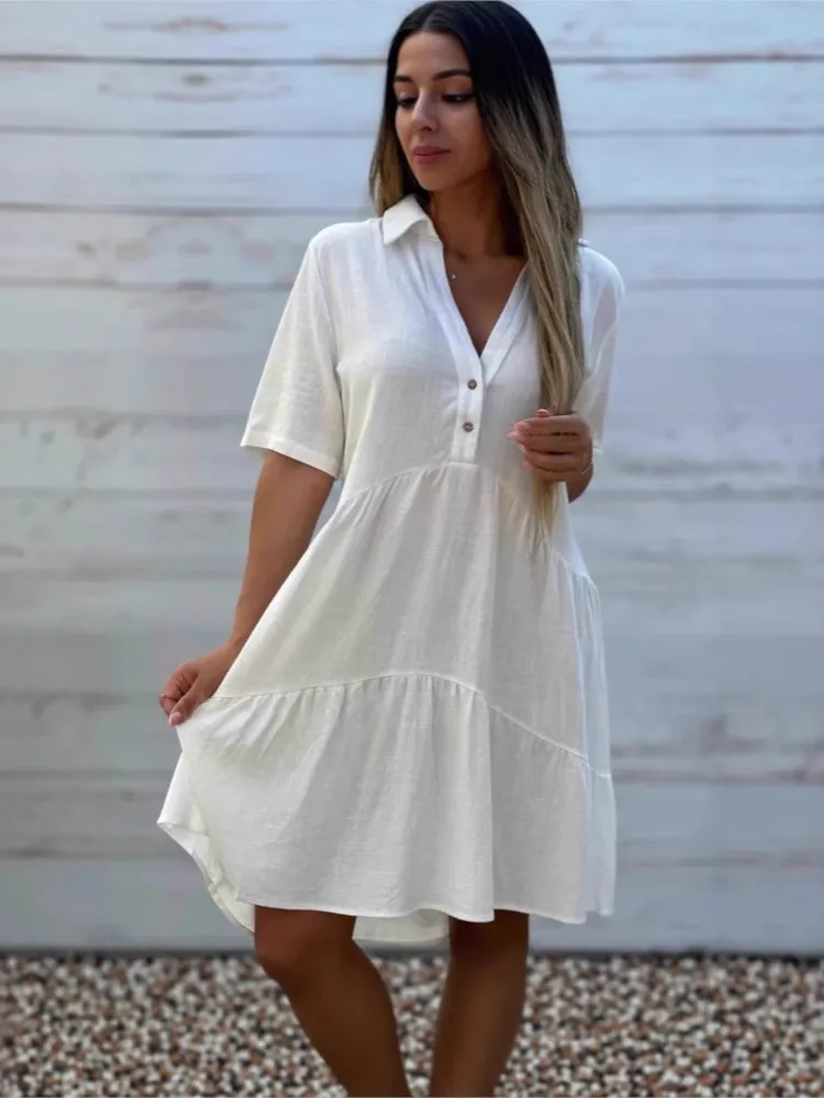 

Summer Fashion Ruffles Loose Dress Women Casual Short Sleeve Cotton Linen Shirt Dress Elegant Solid Color Mini Dresses Female