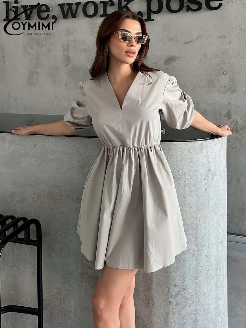 Oymimi Casual Light Gray V-Neck Womens Dresses Elegant Half Sleeve High Waisted Dresses Fashion Pleated Mini Dress Streetwear