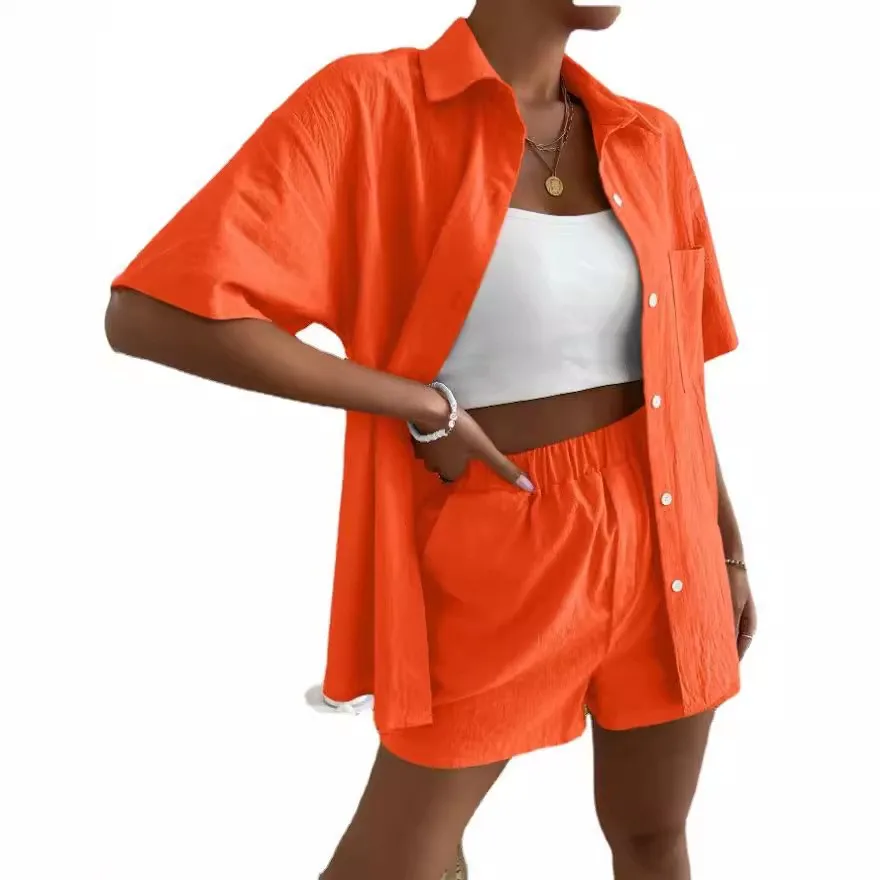 

Summer Women's Suit Shorts Cotton Elastic Waist Short Pants Crop Top Button Front Pink Light Blue Capri Pants