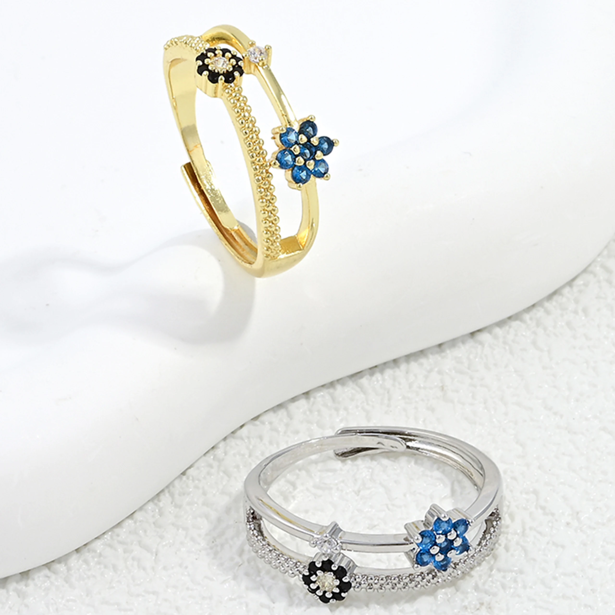 Double-Layer Openwork French-Style Flower Ring Exquisite Blue-Black Zirconia Jewelry for Women Perfect for As a Gift:VJ973
