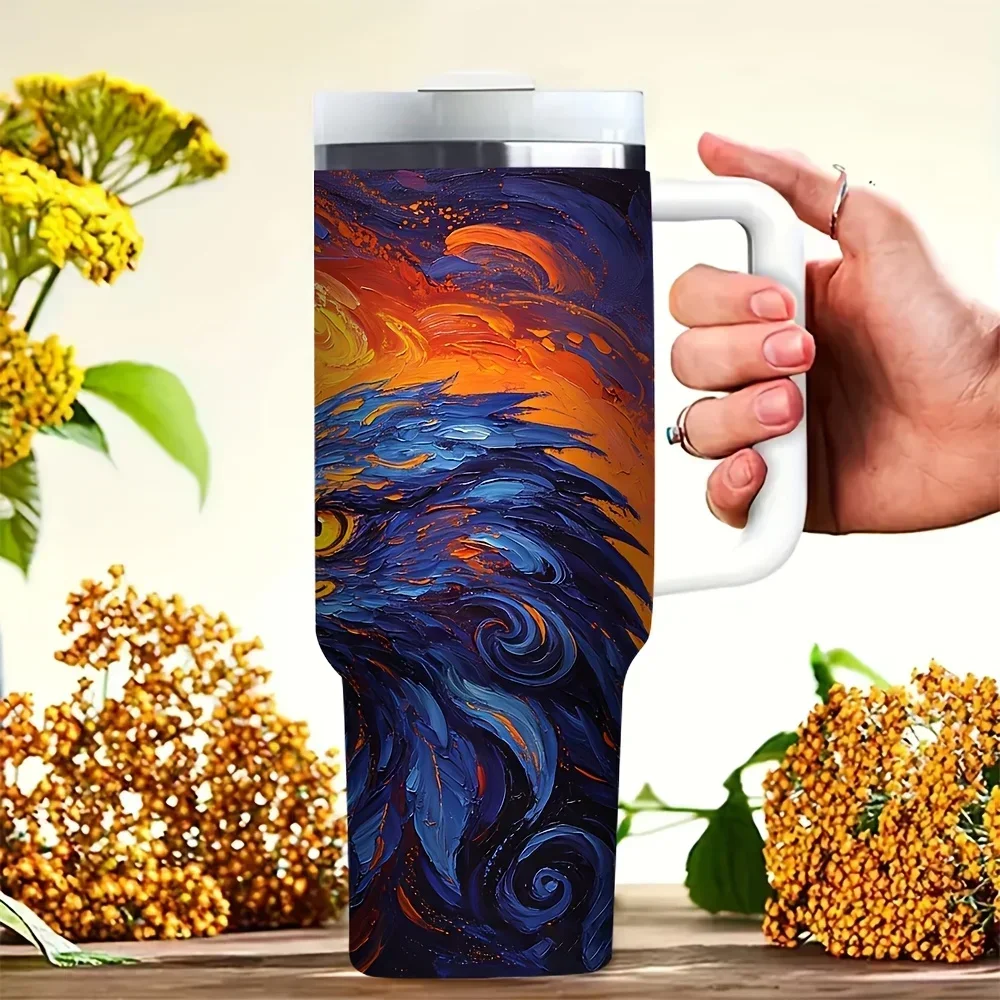 40oz Tumbler with Handle, Artistic Fire And Ice Eagle Print, Suitable for Outdoor Lovers, Perfect for Travel Camping Daily Use, Fits All Seasons, Keeps Hot And Cold Drinks At Ideal Temperature