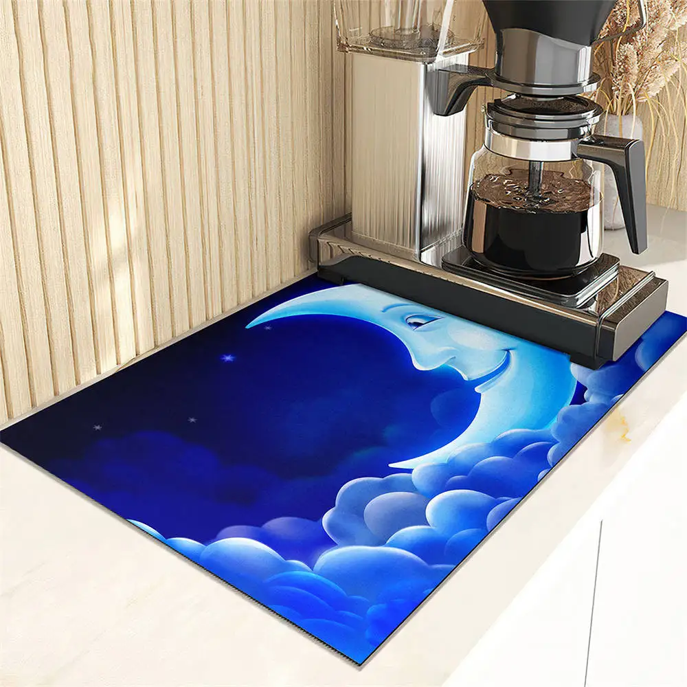 Moonlight Night Pattern Drain Pad Super Absorbent Dish Drying Mat Non-Slip Anti-mildew Counter Top Mat Sink Dish Draining Mat