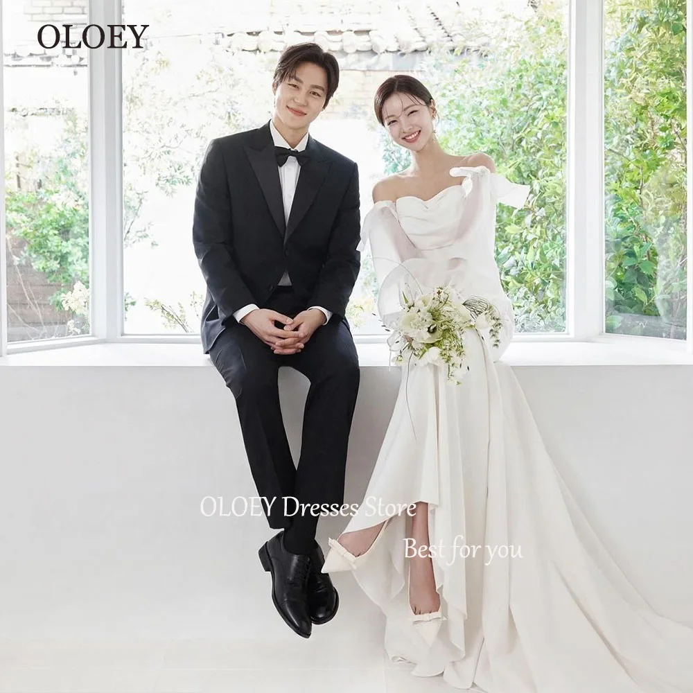 

OLOEY Korea Elegant Wedding Dresses Off the Shoulder Long Sleeves Bridal Gown Sweep Train Wedding Photo Shoot Dress Custom Made