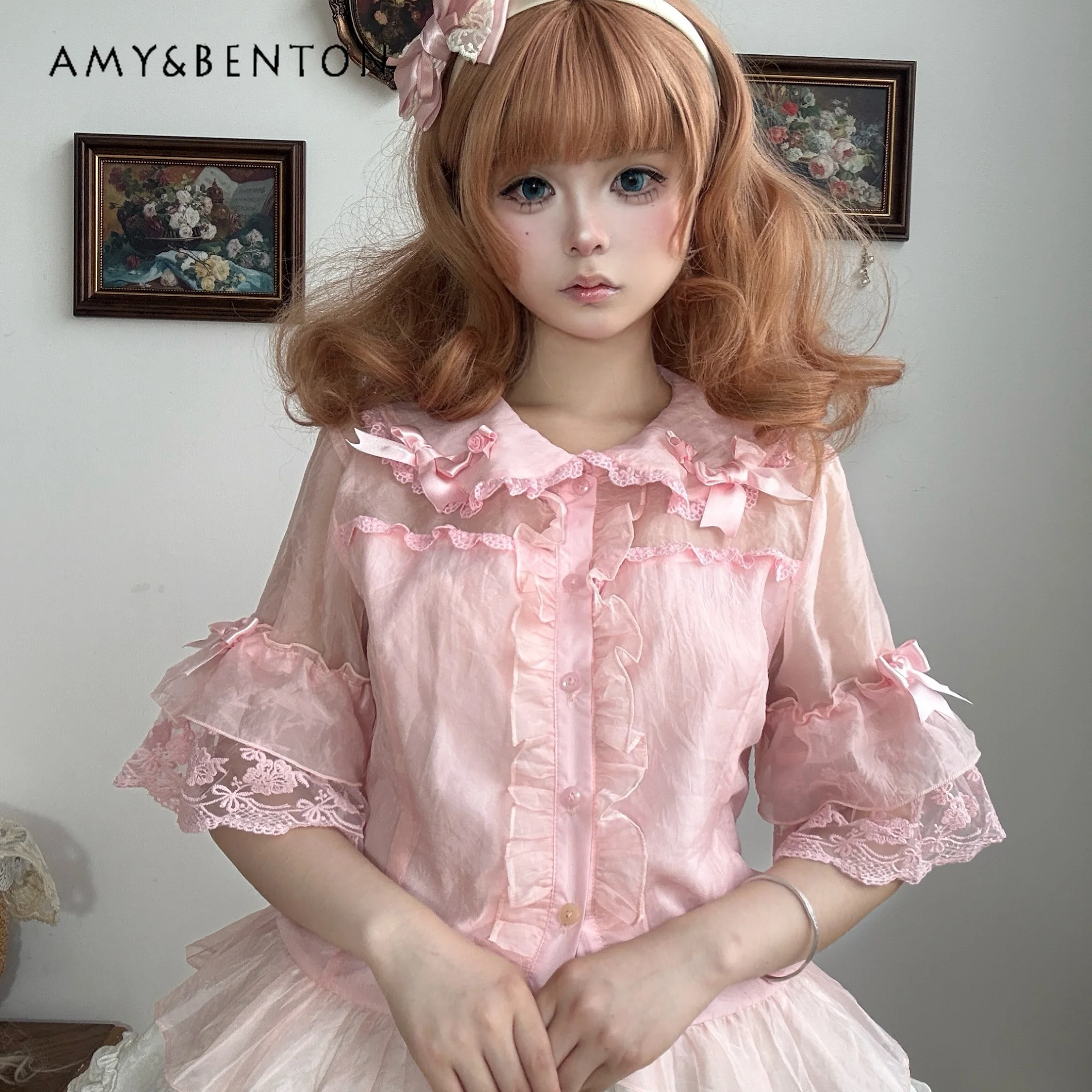 

Vintage Pastoral Style Lolita Three-dimensional Flower Doll Collar Lace Chiffon Cute Lolita Shirt Women Sweet Puff Sleeve Shirts