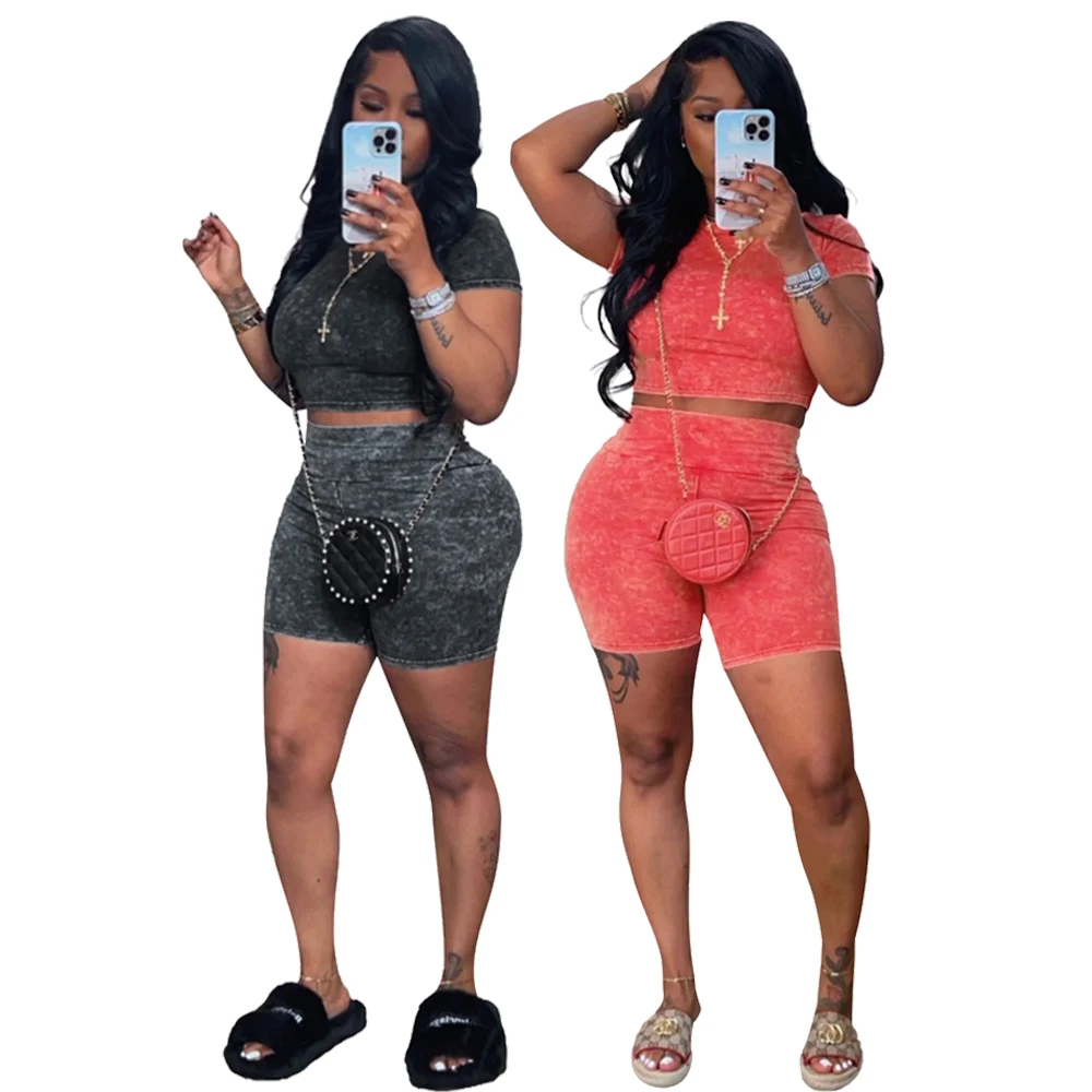 

2024 Summer Womens Jogger Set Acid Wash Cotton Crop Top Shorts Outfits Fitness Workout Yoga Tracksuit 2 Piece Biker Shorts Sets