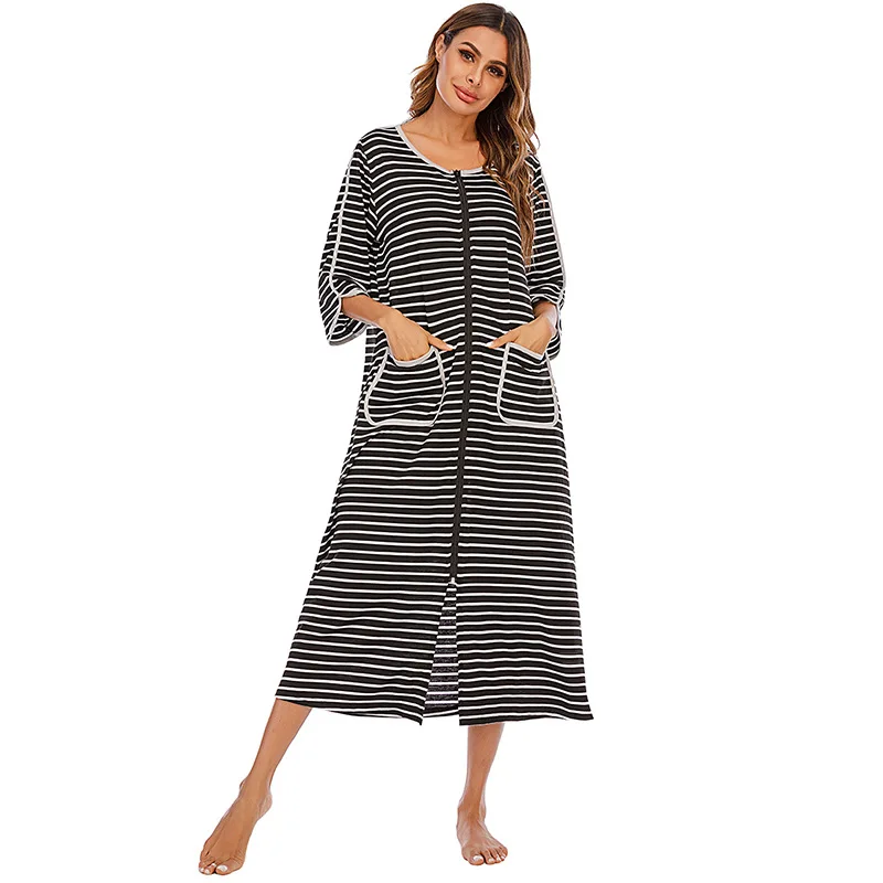 Women Long Sleepwear Soft Zipper Front Robes Autumn Nightgown Warm Striped Kimono Loungewear Maternity Bathrobe Pajamas