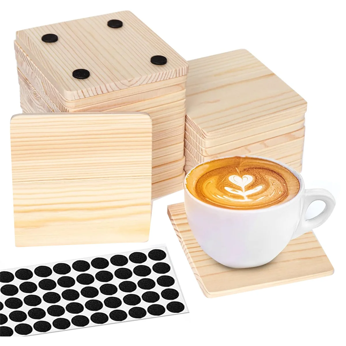 25 Pack Unfinished Wood Coasters, 4 Inch Blank Wooden Coasters Crafts Coasters with Non-Slip Silicon Dots Square