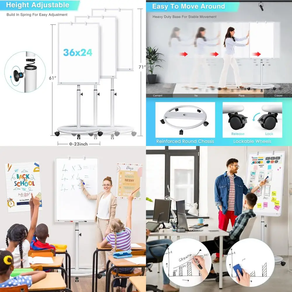 لوح مسح جاف مغناطيسي محمول - حامل سبورة بيضاء متنقل 36 × 24 مع خطافات مخططة للفصل الدراسي والمكتب والمنزل (فضي) #1