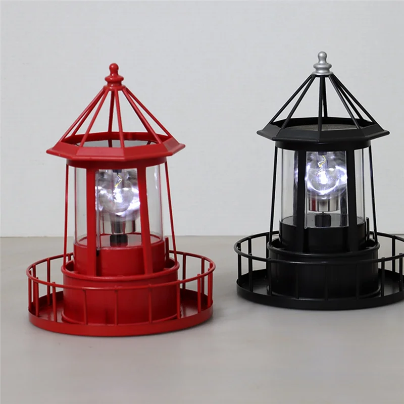 LED Solar Powered Lighthouse, 360 Degree Rotating Lamp Courtyard Decoration Waterproof Garden Towers Statue Lights A