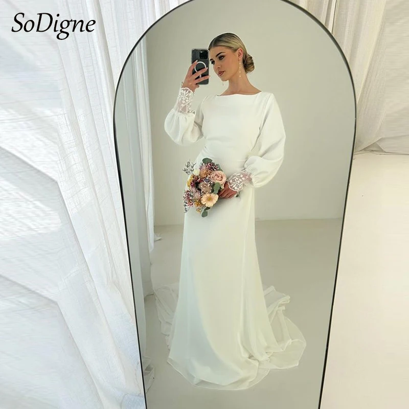 

SoDigne Muslim Simple Wedding Dresses O-neck Full Sleeves Satin Bridal Dress Mermaid Customized Bride Gown vestidos de novia